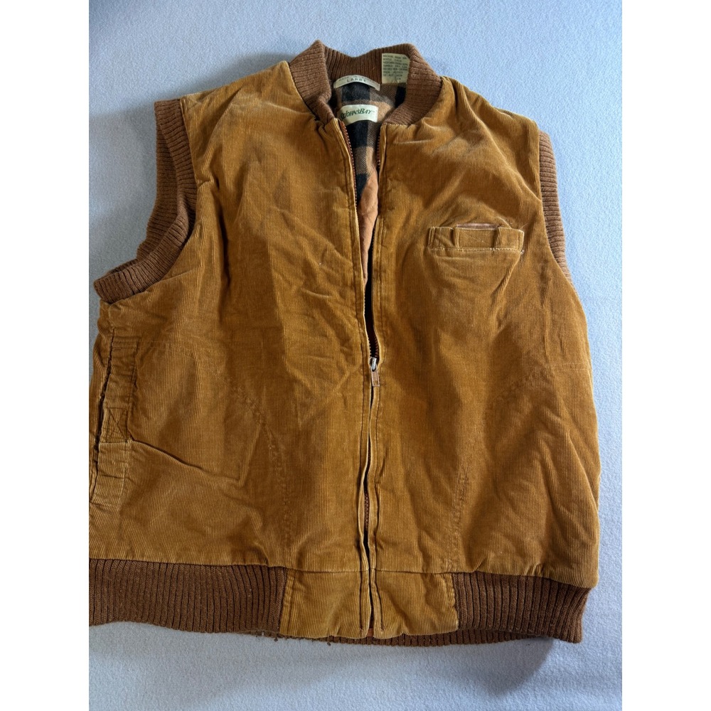 Vintage St Johns Bay Mens Large Corduroy Vest Mustard Tan Plaid Lined Workwear